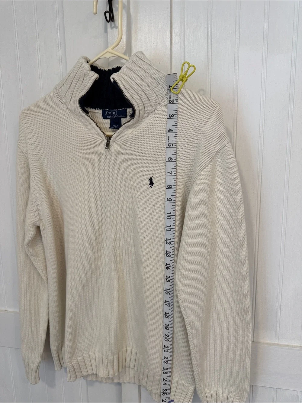 Polo by Ralph Lauren Cream 1/4 zip, 100% Cotton Sweater with Navy Logo size M